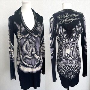 Christian Audigier Hoodie Dress – Gothic Tattoo Print, Rhinestone, LA Streetwear